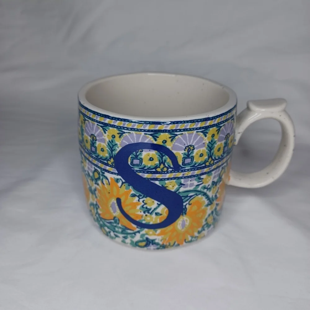 Anthropologie Blue Monogram Mug with Floral Design